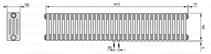 Схема (чертеж) Радиатор Zehnder Charleston 4019/32 №5410 Белый глянцевый RAL 9016
